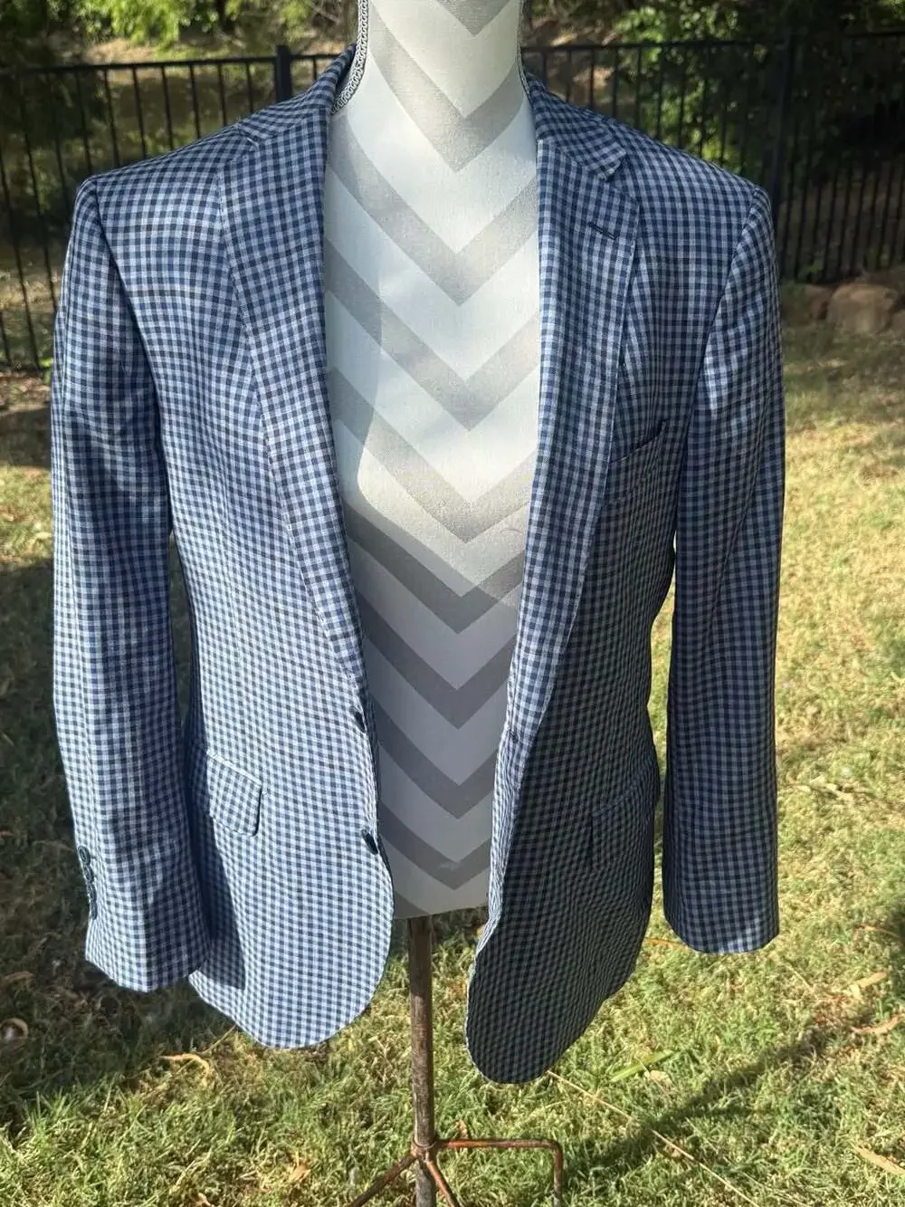 Mantoni Suit Jacket Size 38 Premium Super 140's Wool Blue Gingham Check